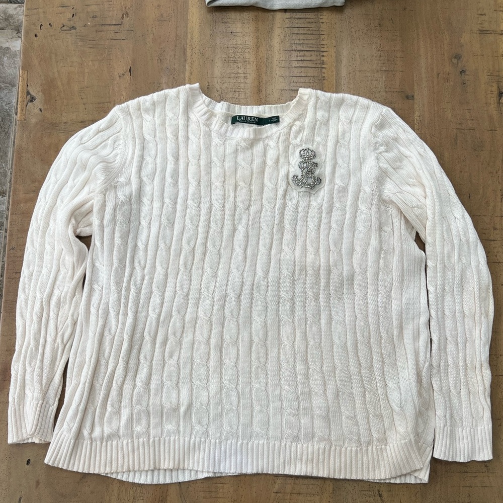 Lauren Ralph Lauren Preppy Cable Knit Sweater with Jeweled Logo Size L EUC